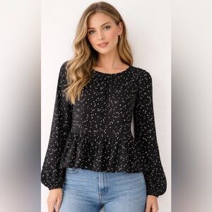 Maeve By Anthropologie Black White Abstract Dot Peplum Long Sleeved Blouse Small